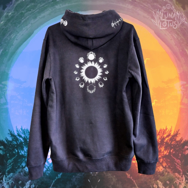 Dusk to Dawn hoodie back print detail of sun and moon phases